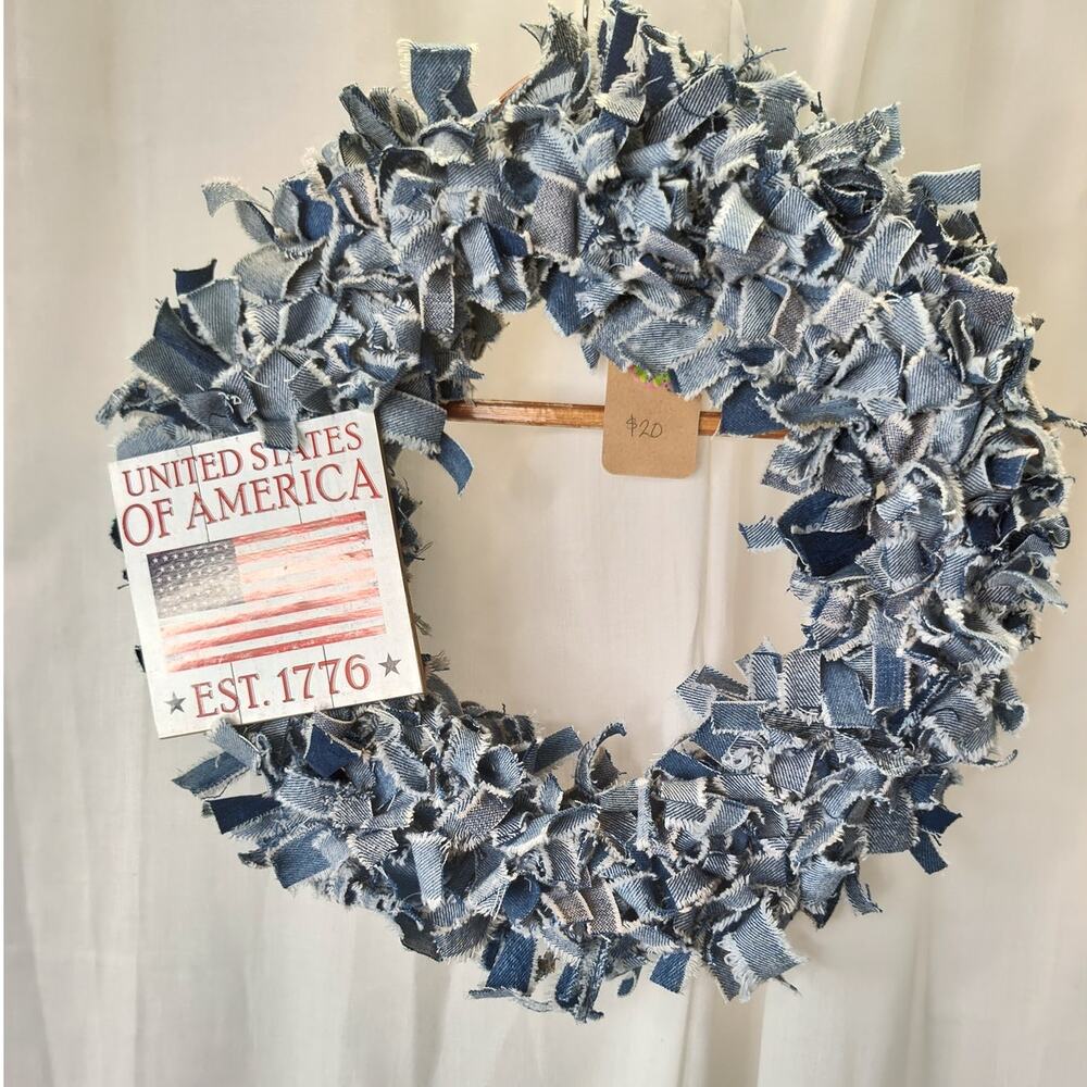 Upcycled Denim Rag Wreath with God Bless American Sign, 16" Diameter
